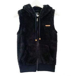 Billabong Womens Vest Side By Side Fleece Faux Fur Full Zip Hood Black Sz Small